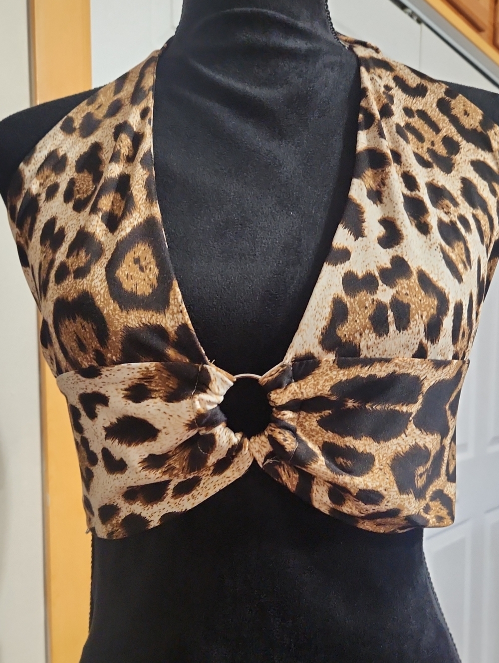 Leopard-Print Ring Front Halter Crop Top - Brown/Black